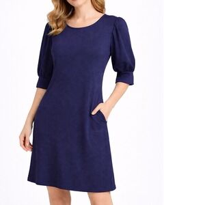 MSK Petite PS Navy Puff Sleeves Shift Dress NWT Made USA Stretch Knit Scoop Neck